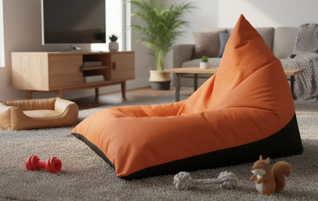 Cane che riposa su un comodo pouf per animali in un interno moderno