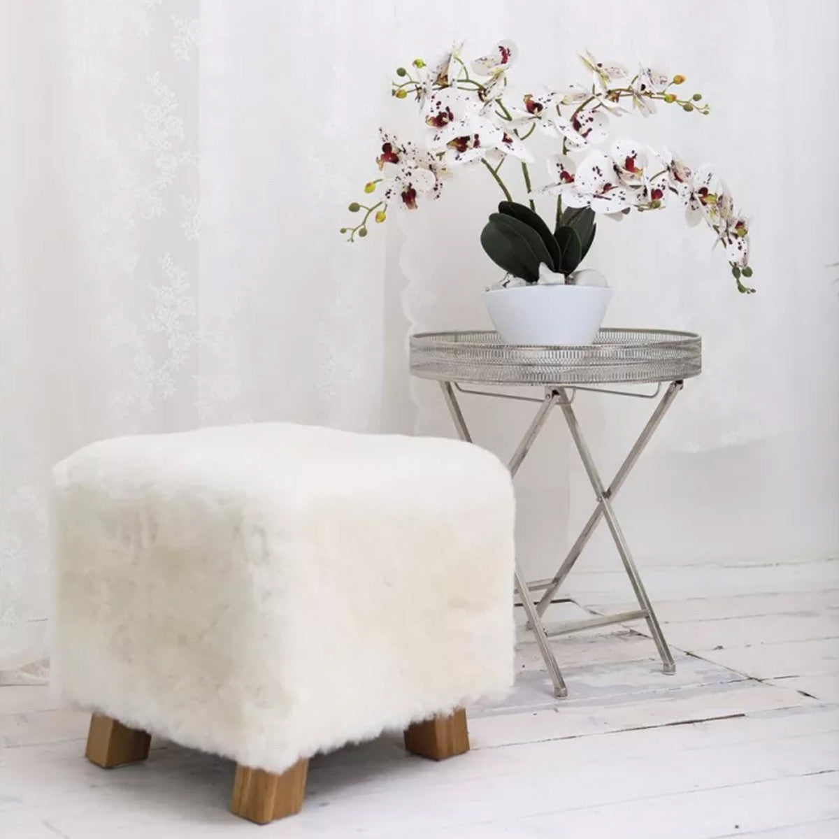 Pouf Poggiapiedi Sgabello Quadrato Vello Naturale d'Agnello 42x42