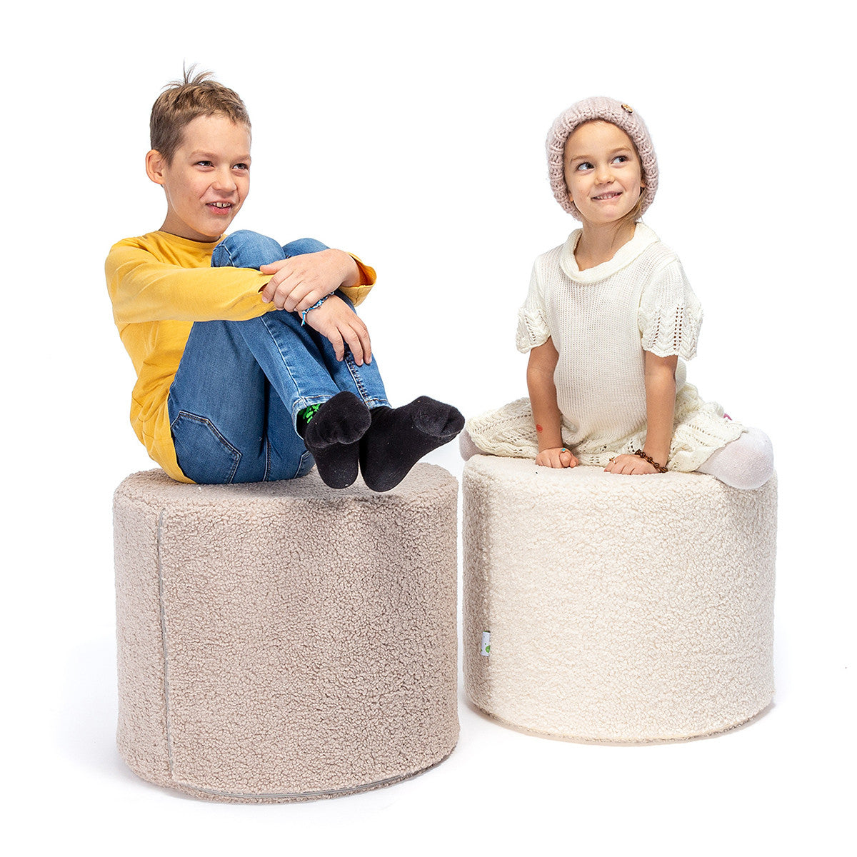 Pouf Poggiapiedi Sgabello Cilindro in Bouclè 40x50