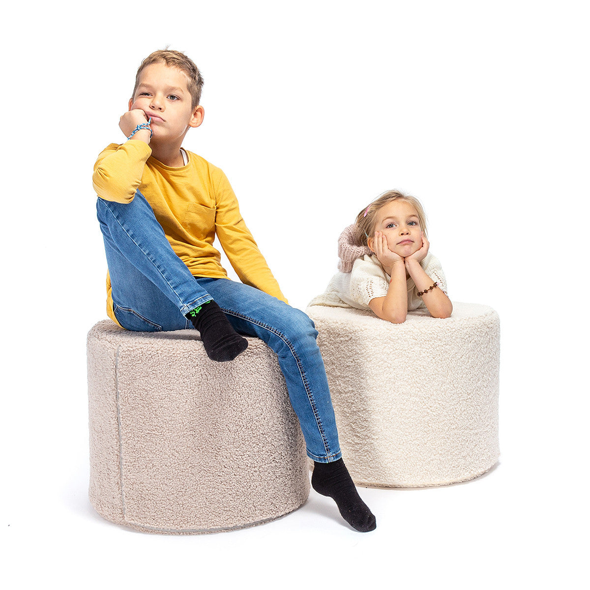 Pouf Poggiapiedi Sgabello Cilindro in Bouclè 40x50