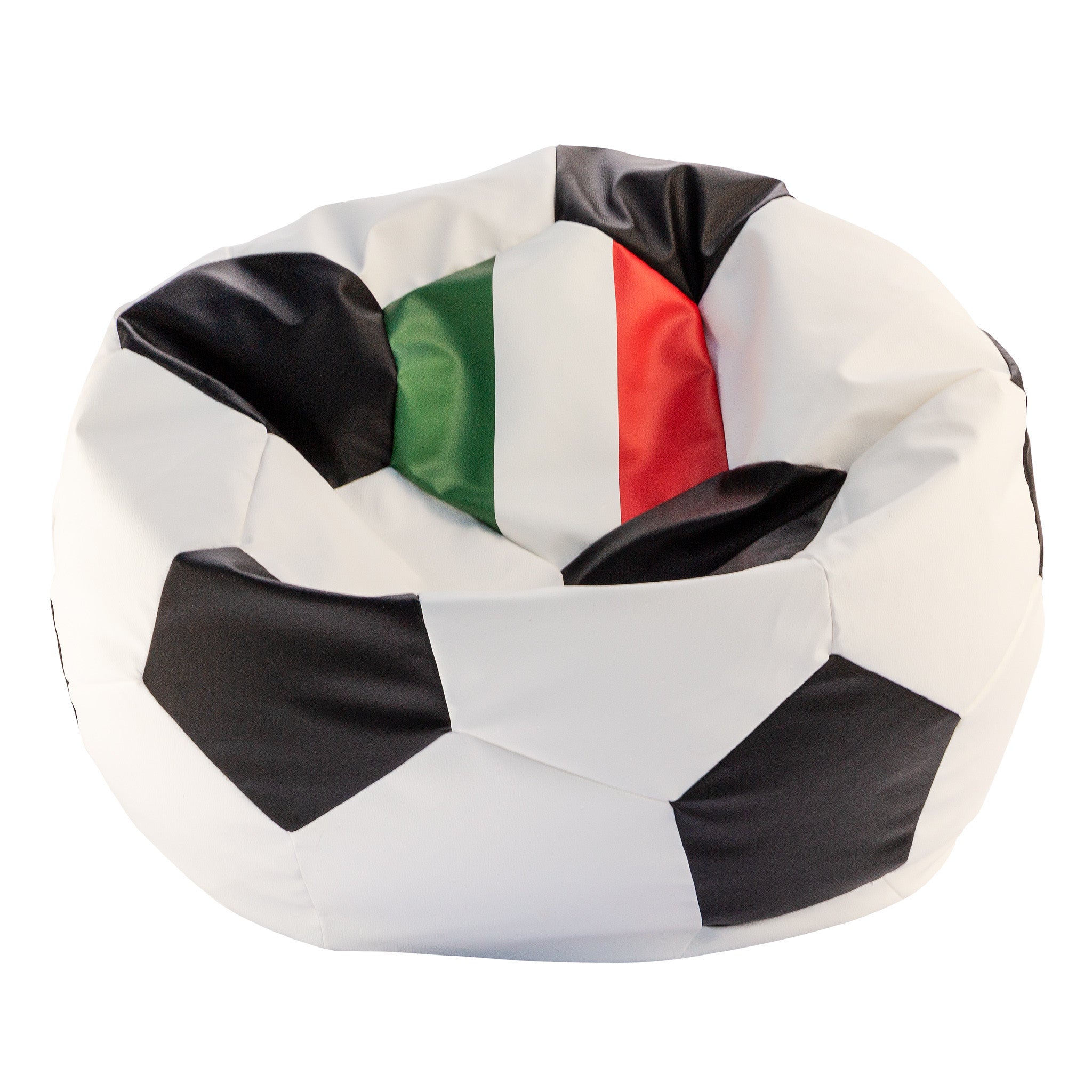 Un pouf sportivo a forma di pallone da calcio in un soggiorno moderno per tifosi e gamer