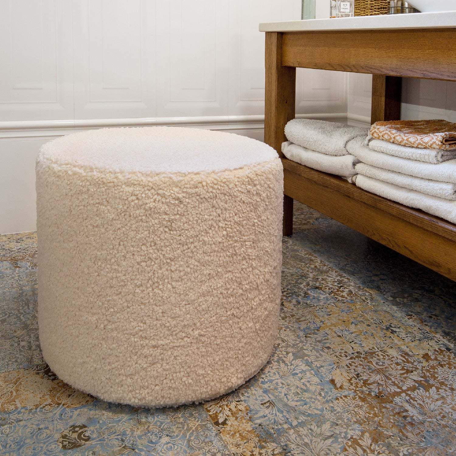 Pouf Poggiapiedi Sgabello Cilindro in Bouclè 40x50