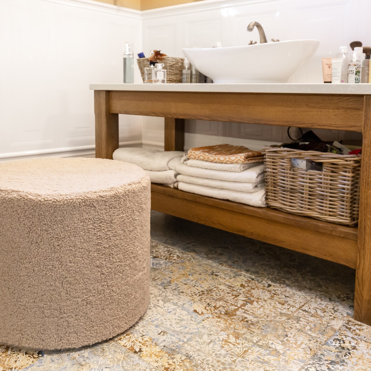 Pouf Poggiapiedi Sgabello Cilindro in Bouclè 40x50