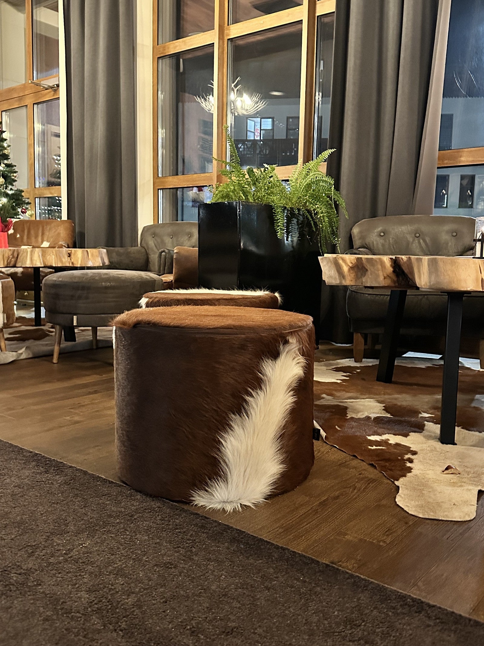 Pouf Poggiapiedi Sgabello Cilindro in Pelle Naturale 40x50