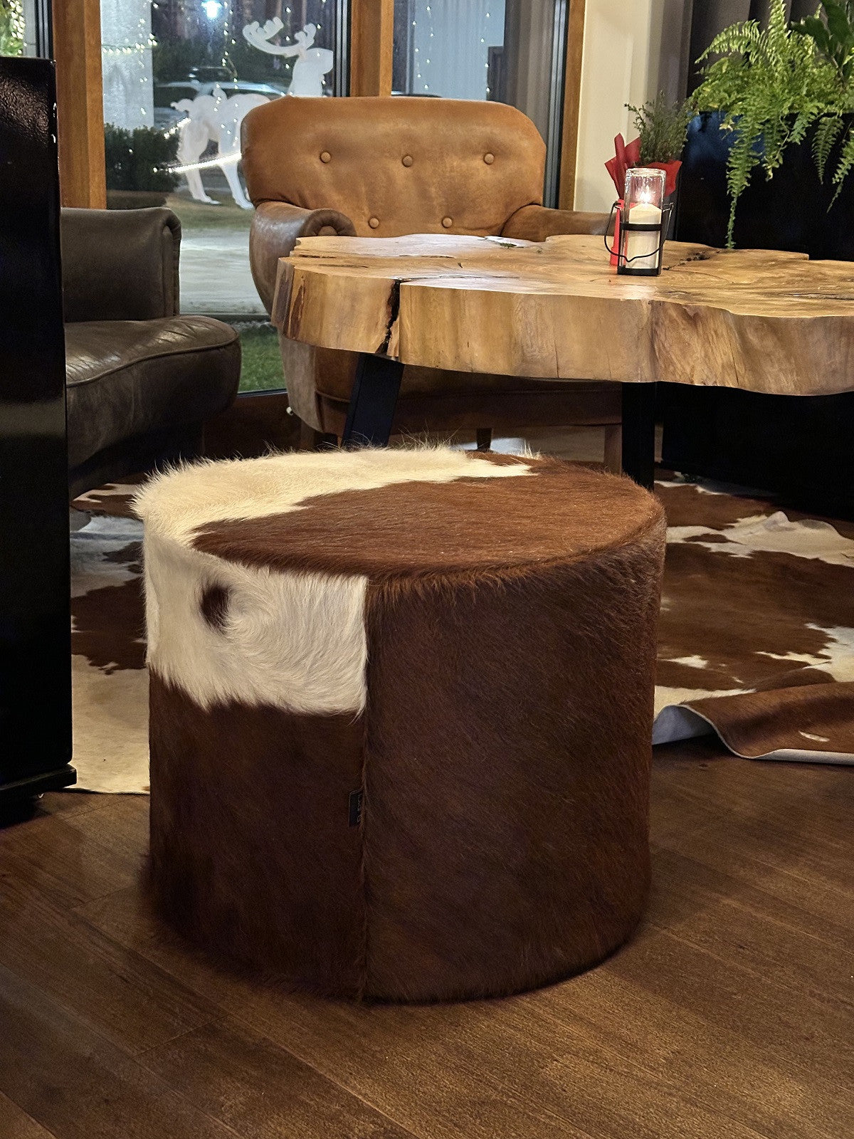 Pouf Poggiapiedi Sgabello Cilindro in Pelle Naturale 40x50