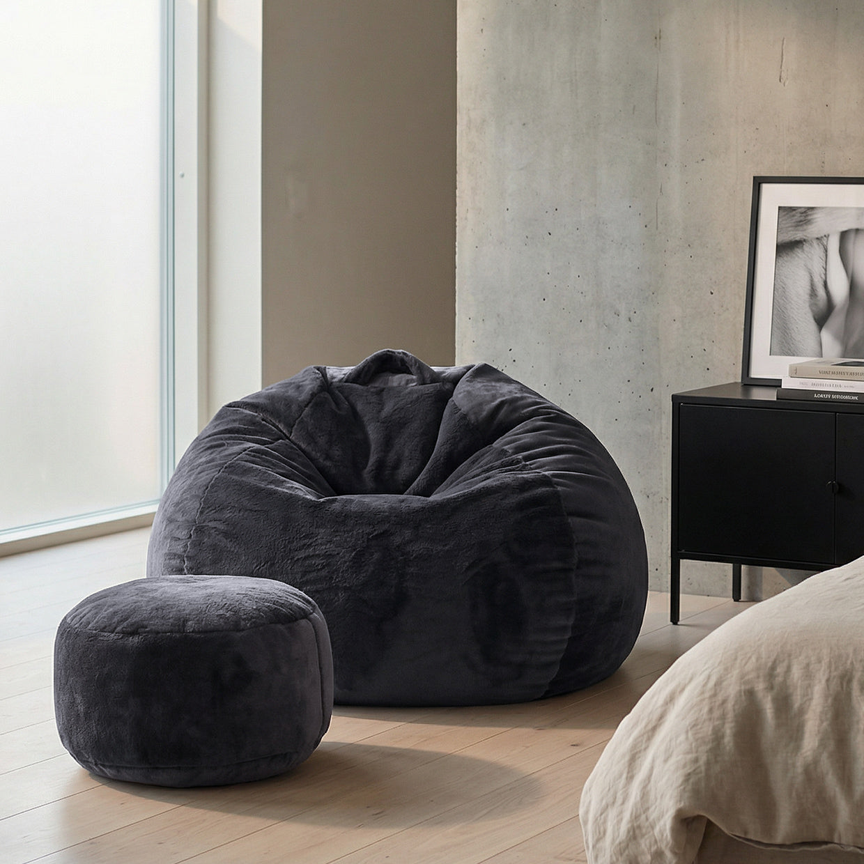 Pouf Yeti in Pelliccia Sintetica con Poggiapiedi